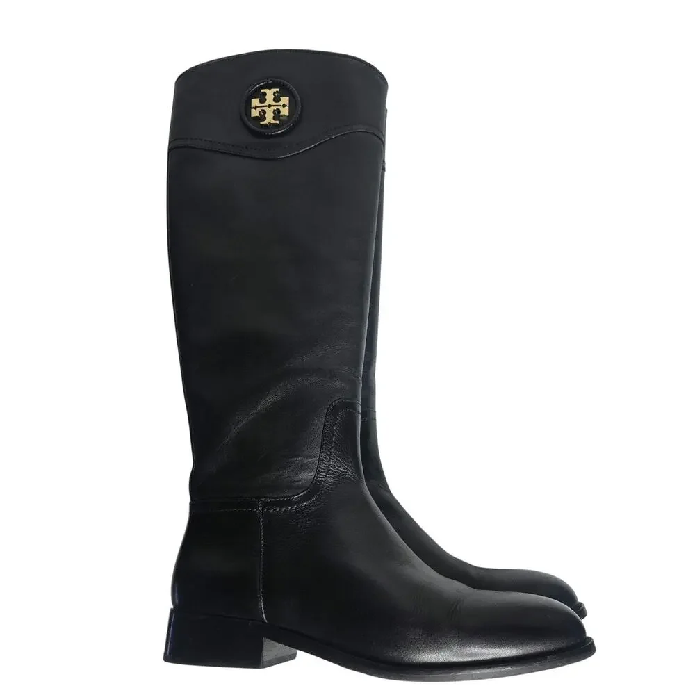 New Tory Burch Womens Ashlynn Black Leather Gold Logo Tall Riding Boots 8.5